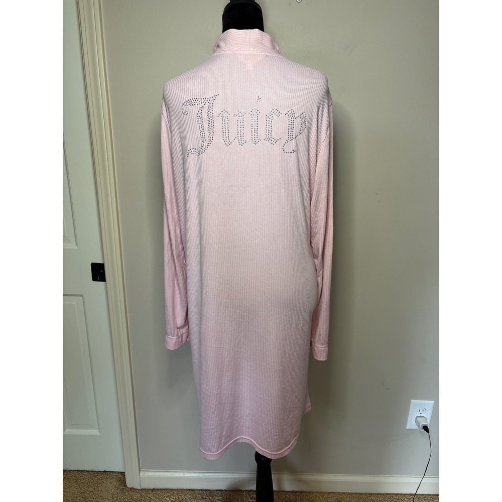 Juicy Couture 2010s Pink Ribbed Rhinestone Bling Logo Sleepwear Robe Large Y2K